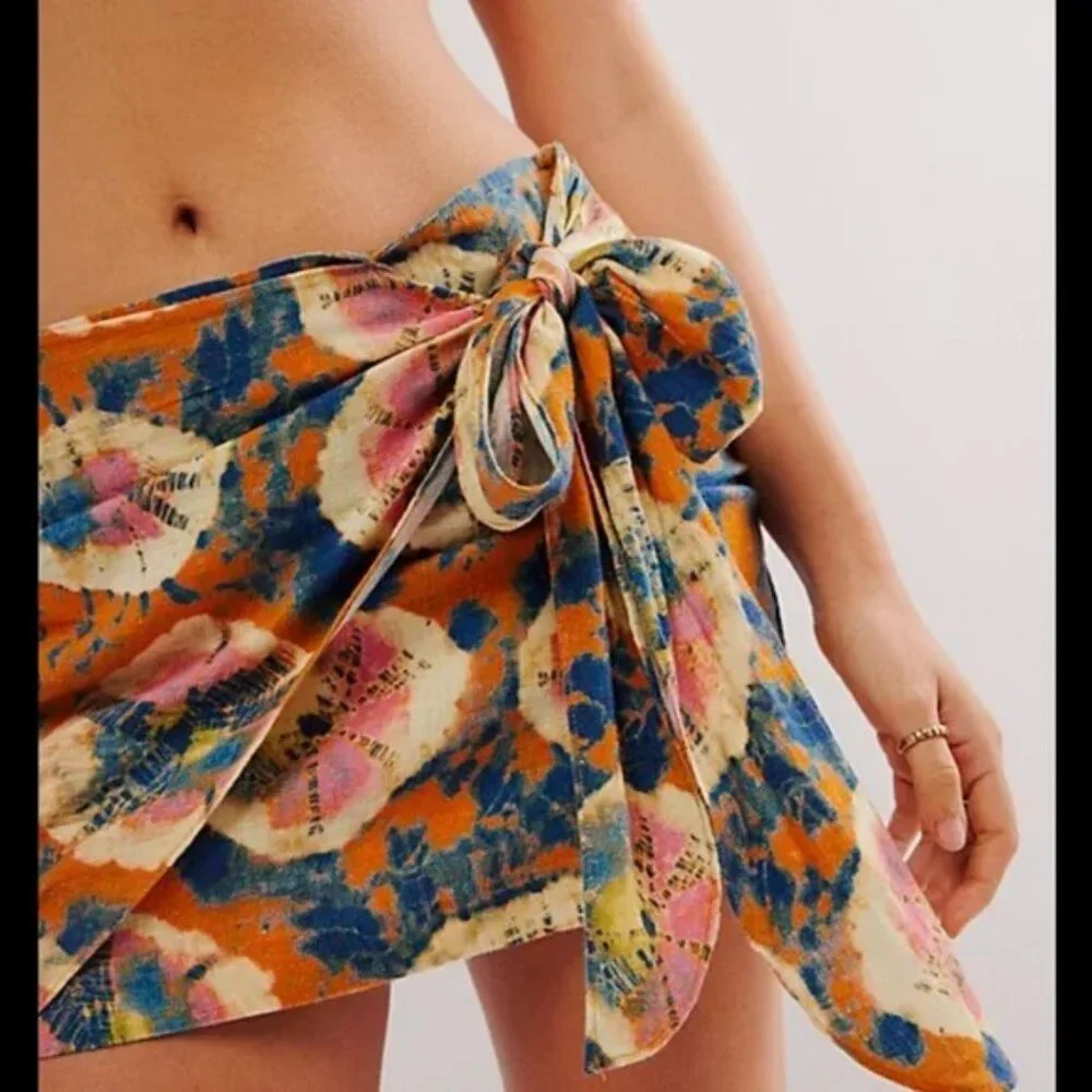 Free People Orange Tie-Waist Floral Wrap Mini Skirt - Picture 3 of 9